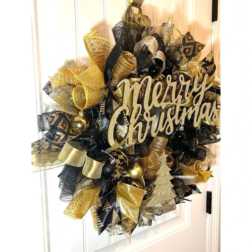 Black & Gold Merry Christmas Tree Ribbon Door Wreath Handmade 22 ins LED W24